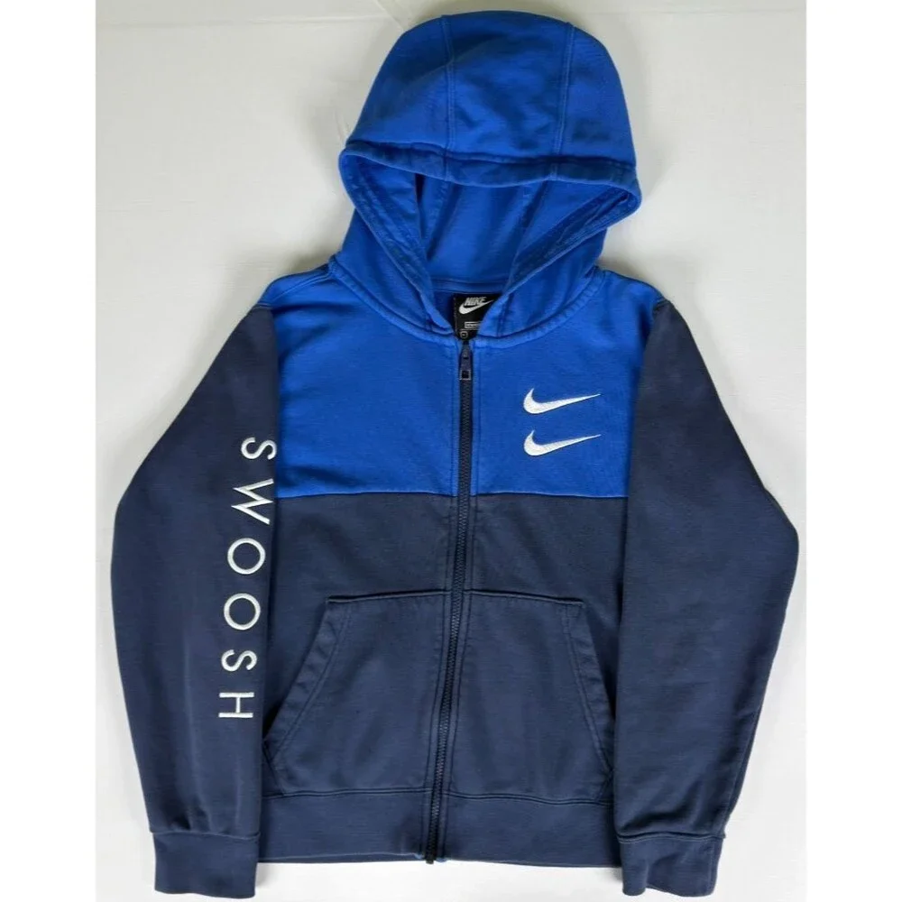 Nike Full Zip Hoodie Youth L Blue Swoosh Graphic Sleeve Logo Cotton Blend